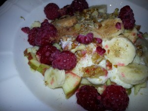 Budwig diet breakfast muesli; quark (or strained Greek yoghurt) creamed with Flax Farm cold-pressed linseed oil, ground linseed and honey, fruit, chopped nuts and berries, 